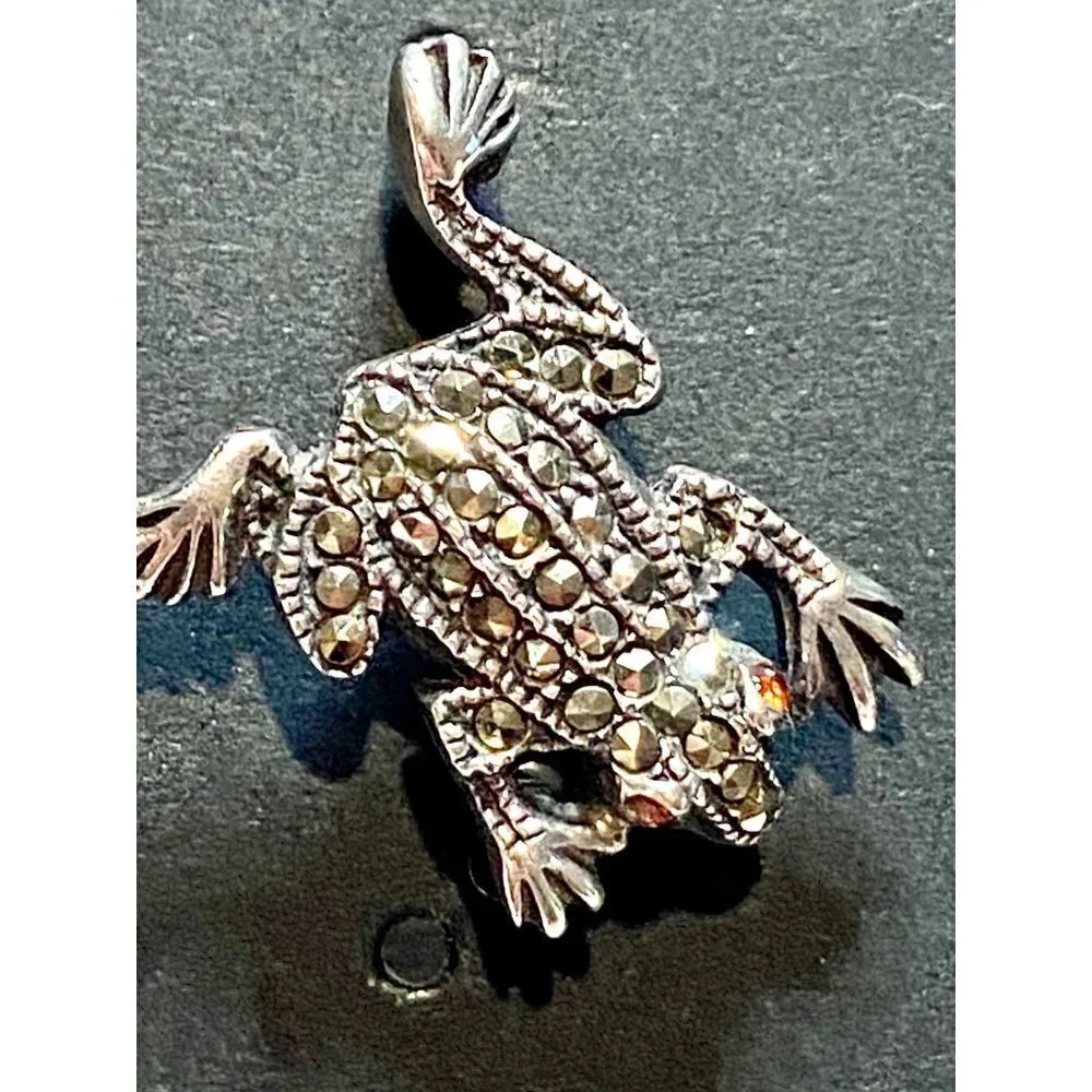 Vintage Two Silver‎ Marcasite Frog Pins with Red Glass Eyes